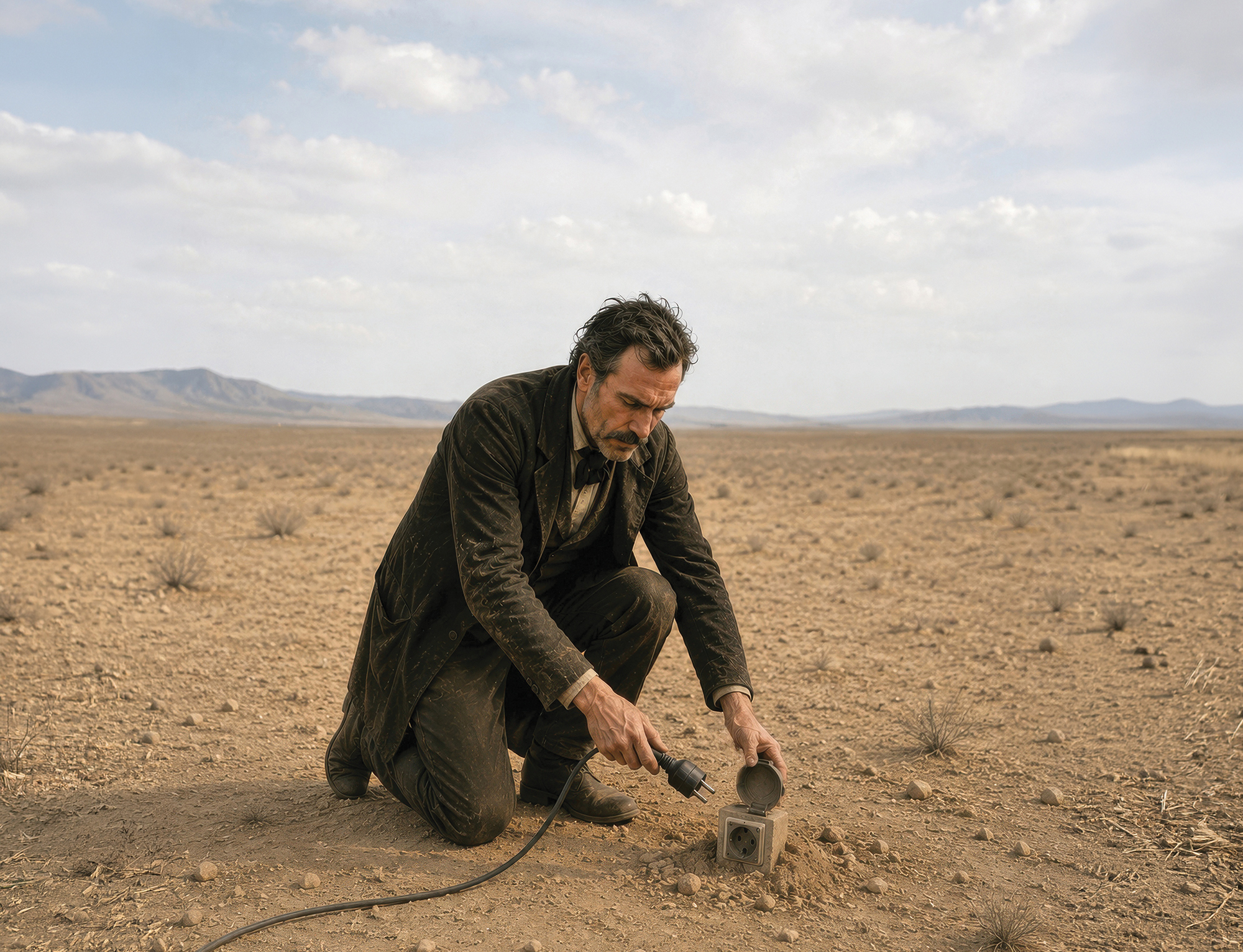 An illustration of a Old West wildcatter plugging in a plug into an outlet in the dirt.