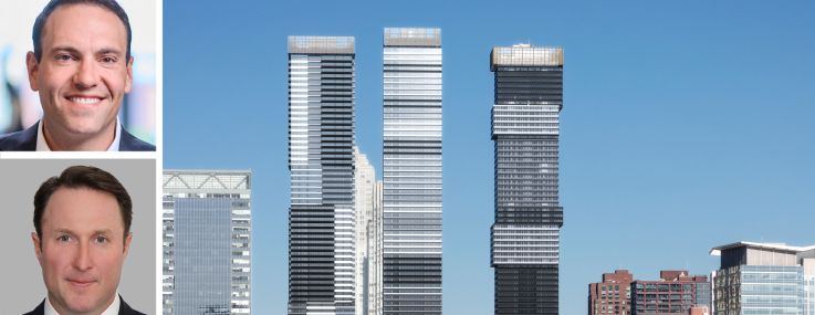 Rockpoint's Dan Domb (top), Newmark's Adam Spies (center) and Adam Doneger, and a rendering of Urby 2 (center building) in Jersey City, N.J.