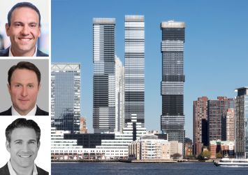 Rockpoint's Dan Domb (top), Newmark's Adam Spies (center) and Adam Doneger, and a rendering of Urby 2 (center building) in Jersey City, N.J.