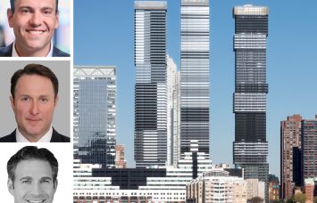 Rockpoint's Dan Domb (top), Newmark's Adam Spies (center) and Adam Doneger, and a rendering of Urby 2 (center building) in Jersey City, N.J.