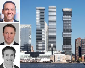 Rockpoint's Dan Domb (top), Newmark's Adam Spies (center) and Adam Doneger, and a rendering of Urby 2 (center building) in Jersey City, N.J.