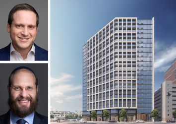 Meridian Capital Group's David Bollag (top) and Naphtali Marrus, and a rendering of 101 Market Street in Newark, N.J.