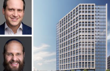 Meridian Capital Group's David Bollag (top) and Naphtali Marrus, and a rendering of 101 Market Street in Newark, N.J.