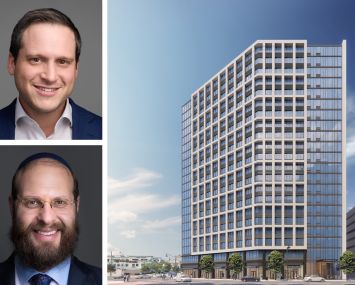 Meridian Capital Group's David Bollag (top) and Naphtali Marrus, and a rendering of 101 Market Street in Newark, N.J.