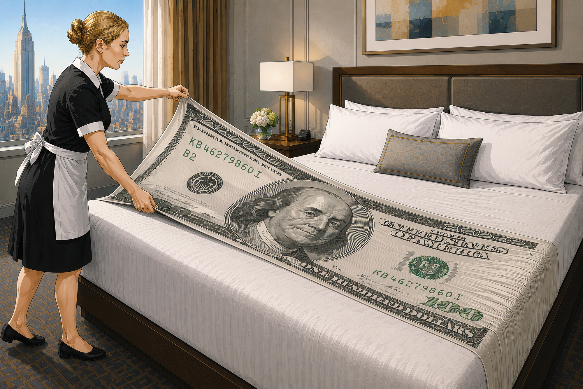 An illustration of a maid making a bed in a hotel room with a $100 bill for a sheet.