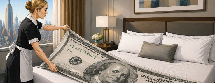 An illustration of a maid making a bed in a hotel room with a $100 bill for a sheet.