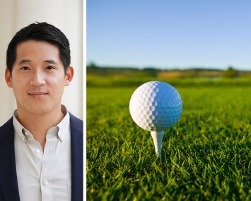 Ohana Real Estate's Head of Acquisitions, Eddie Yu, and a golf ball on a tee at a golf course.