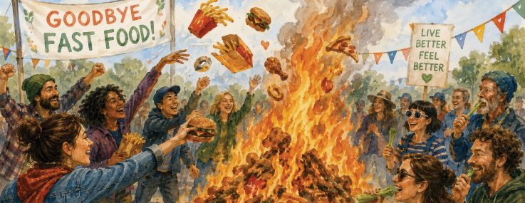 An illustration of people throwing fast food on a bonfire.