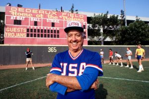 Rod Dedeaux, USC and U.S. Olympic Baseball team Coach at Dedeaux Field on USC campus in Los Angeles in 1983.