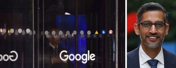 Google's logo on the doors to one of its office buildings and Google CEO Sundar Pinchai.