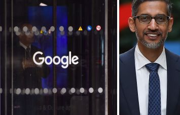 Google's logo on the doors to one of its office buildings and Google CEO Sundar Pinchai.