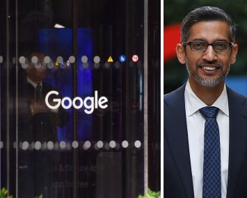 Google's logo on the doors to one of its office buildings and Google CEO Sundar Pinchai.