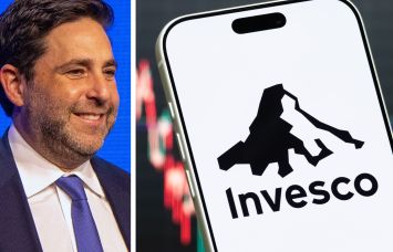 Invesco President and CEO Andrew Schlossberg and the Invesco logo displayed on a mobile phone.