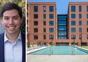 Peachtree Group's Jared Schlosser and a rendering of Margaritaville Hotel Savannah planned for Savannah, Ga.
