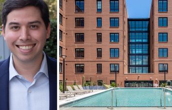 Peachtree Group's Jared Schlosser and a rendering of Margaritaville Hotel Savannah planned for Savannah, Ga.