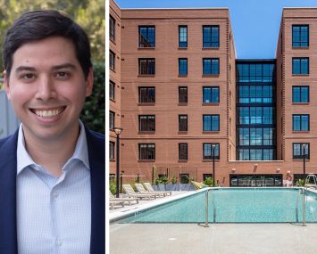 Peachtree Group's Jared Schlosser and a rendering of Margaritaville Hotel Savannah planned for Savannah, Ga.