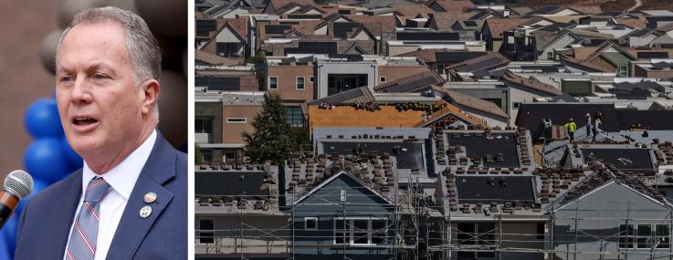 Los Angeles County Assessor Jeff Prang and a housing development under construction in Valencia, Calif.