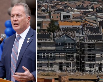 Los Angeles County Assessor Jeff Prang and a housing development under construction in Valencia, Calif.