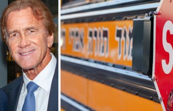 Jeff Sutton and the side of a Yeshiva school bus.