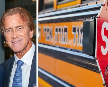Jeff Sutton and the side of a Yeshiva school bus.