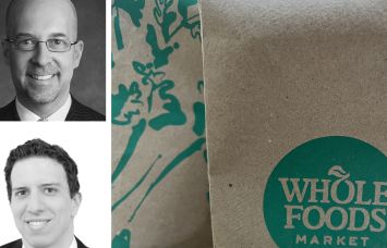 Newmark's Jeffrey Roseman (top) and Drew Weiss, and bags from a Whole Foods Market.