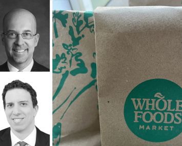 Newmark's Jeffrey Roseman (top) and Drew Weiss, and bags from a Whole Foods Market.