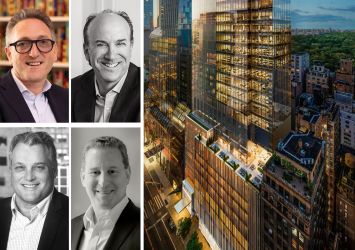 Jonathan Goldstein of Cain (clockwise from top right), Joel Breitkopf, Kenneth Horn, and Brian Ray of Alchemy-ABR, and a rendering of 125 West 57th Street.