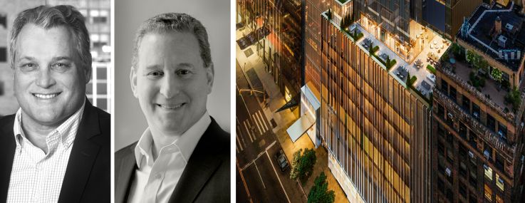 Jonathan Goldstein of Cain (clockwise from top right), Joel Breitkopf, Kenneth Horn, and Brian Ray of Alchemy-ABR, and a rendering of 125 West 57th Street.