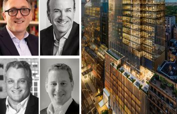 Jonathan Goldstein of Cain (clockwise from top right), Joel Breitkopf, Kenneth Horn, and Brian Ray of Alchemy-ABR, and a rendering of 125 West 57th Street.