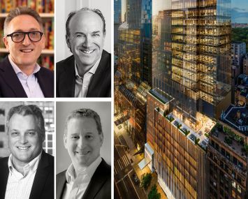 Jonathan Goldstein of Cain (clockwise from top right), Joel Breitkopf, Kenneth Horn, and Brian Ray of Alchemy-ABR, and a rendering of 125 West 57th Street.