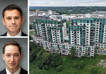 Walker & Dunlop's Jonathan Zilber (top) and Joel Chetner, and Miroza at Ridge Hill in Yonkers, N.Y.