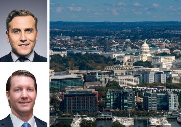 Newmark's Jordan Roeschlaub (top) and Christopher Kramer, and an aerial view of Washington, D.C.