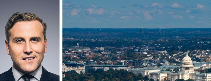 Newmark's Jordan Roeschlaub (top) and Christopher Kramer, and an aerial view of Washington, D.C.