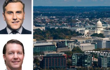 Newmark's Jordan Roeschlaub (top) and Christopher Kramer, and an aerial view of Washington, D.C.