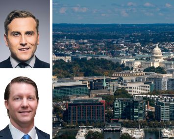 Newmark's Jordan Roeschlaub (top) and Christopher Kramer, and an aerial view of Washington, D.C.
