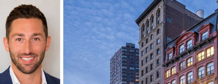 JLL's Joseph Sipala (top) and Mitch Konsker, and 838 Broadway.