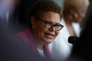 Mayor Karen Bass speaks during a campaign rally in Los Angeles.
