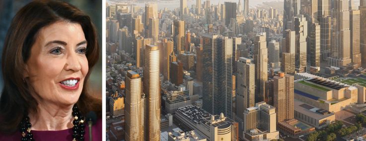 Gov. Kathy Hochul and a rendering of the proposed project at 621 West 45th Street.
