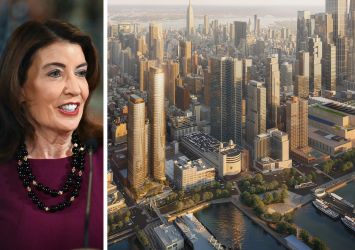 Gov. Kathy Hochul and a rendering of the proposed project at 621 West 45th Street.