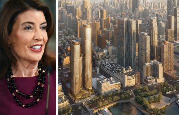 Gov. Kathy Hochul and a rendering of the proposed project at 621 West 45th Street.