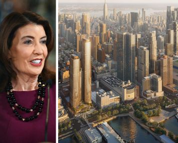 Gov. Kathy Hochul and a rendering of the proposed project at 621 West 45th Street.