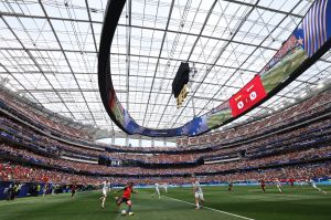 Pedro Porro of Spain crosses the ball during the FIFA World Cup Round Of 32 match against Austria at Los Angeles Stadium.