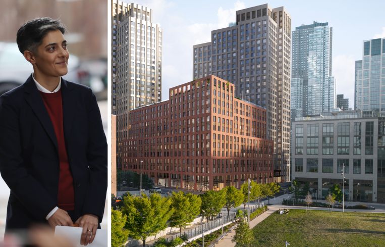 Leila Bozorg, Deputy Mayor for Housing and Planning and a rendering of The Orion in Hunter's Point, Queens.