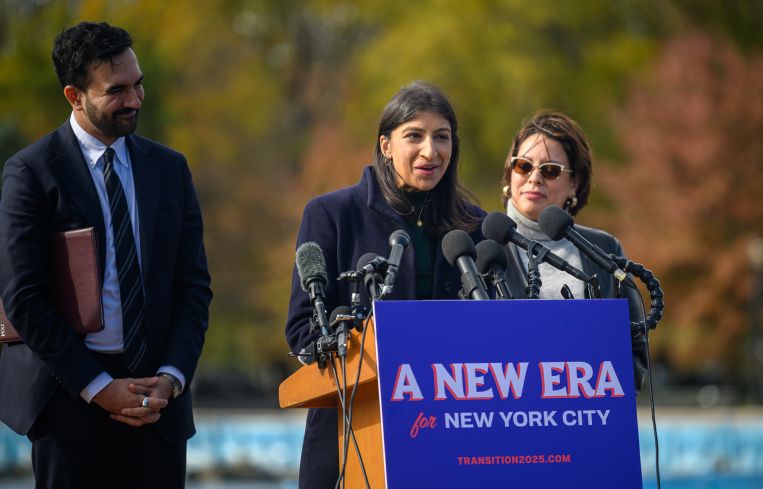 Transition Co-chair Lina Khan speaks during a press conference in November 2025 with then-Mayor-Elect Zohran Mamdani.