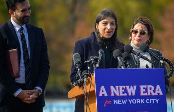 Transition Co-chair Lina Khan speaks during a press conference in November 2025 with then-Mayor-Elect Zohran Mamdani.