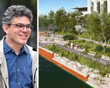 City Councilman Lincoln Restler and a rendering of the Monitor Point development in Brooklyn.