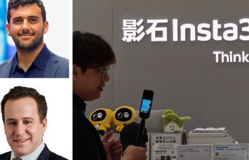 Isa Realty Group's Louis Franco (top), Newmark's Ross Berkowitz and an Insta360 store in Shanghai, China.