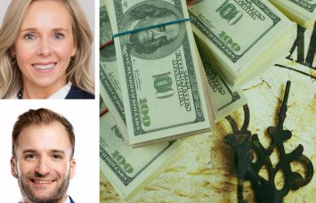 Avison Young's Marion Jones (top) and Alex Ern with an illustration of stacks of money and a clock.