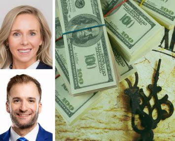 Avison Young's Marion Jones (top) and Alex Ern with an illustration of stacks of money and a clock.