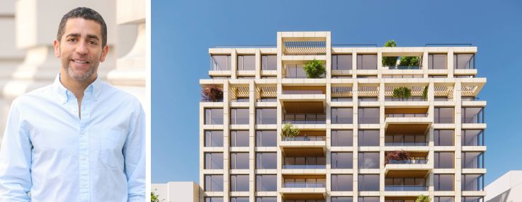 Martin Nussbaum of Slate Property Group and a rendering of 264-272 West 135th Street.